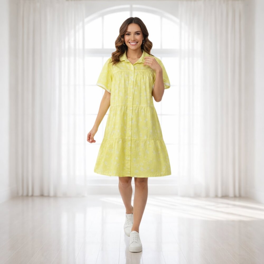 Derek Heart Yellow White Tiered Cotton Dress Large Button Front Collared